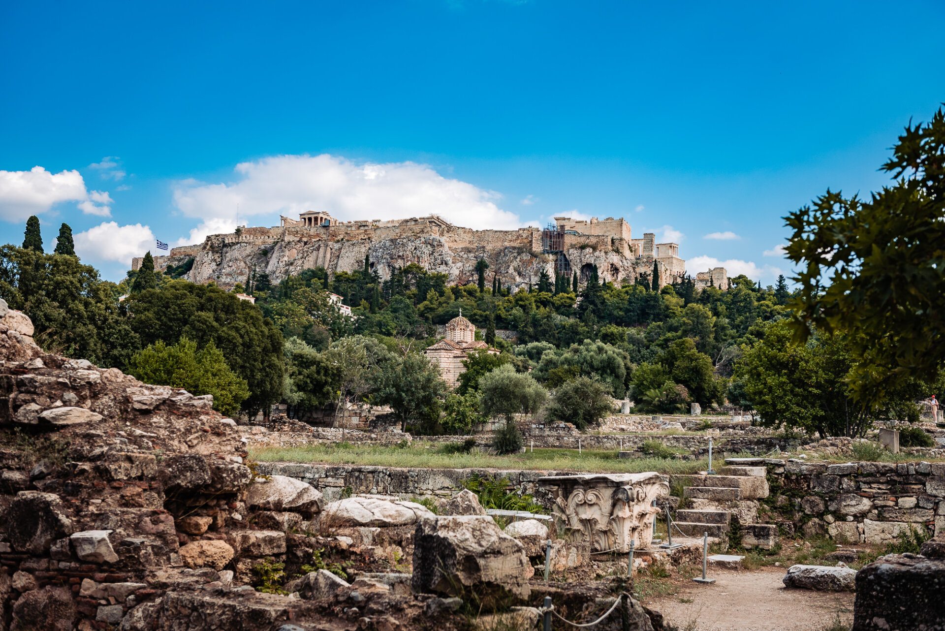 Ancient Agora of Athens in the foreground, with the Acropolis of Athens visible in the background