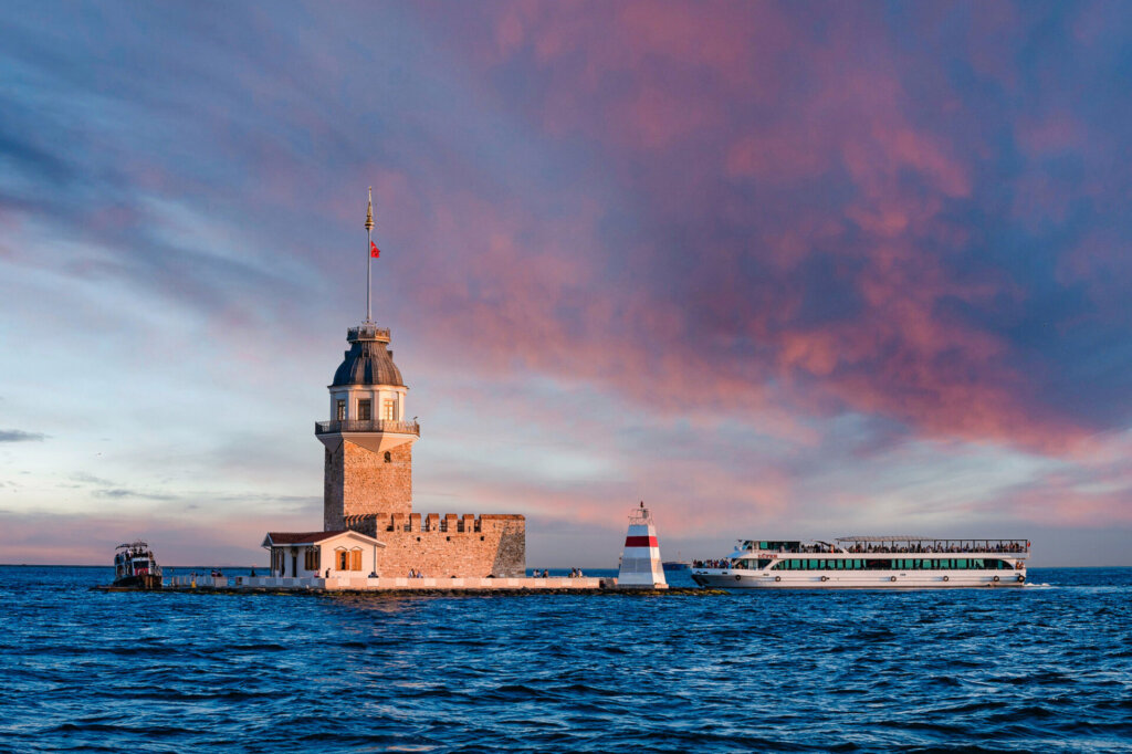 the iconic Maiden's Tower (Turkish: Kız Kulesi) located on a small islet at the southern entrance of the Bosphorus strait in Istanbul