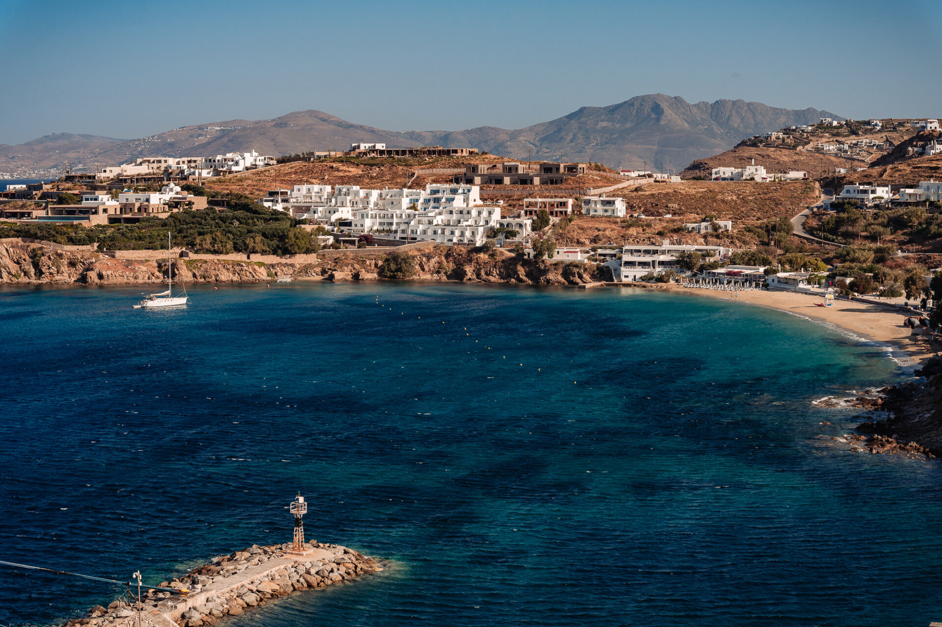 view of Agios Stefanos Beach on the island of Mykonos, Greece