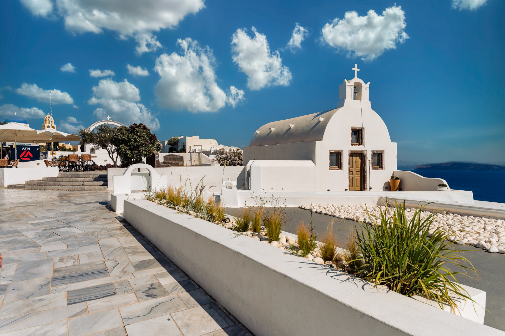 famous white church in the village of Oia on Santorini Island