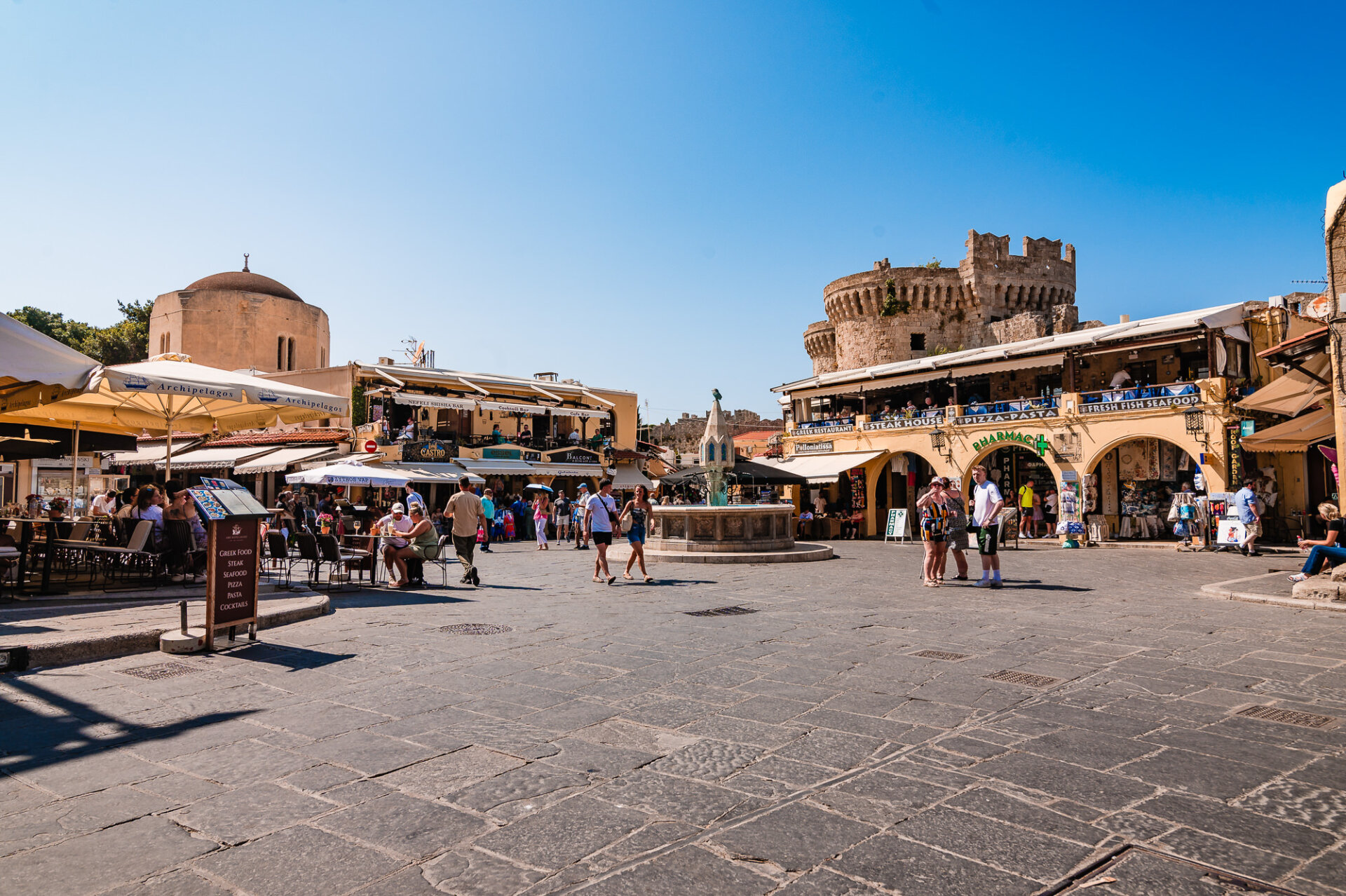 Hippocrates Square (Ippokratous Square) located within the medieval Old Town of Rhodes, Greece