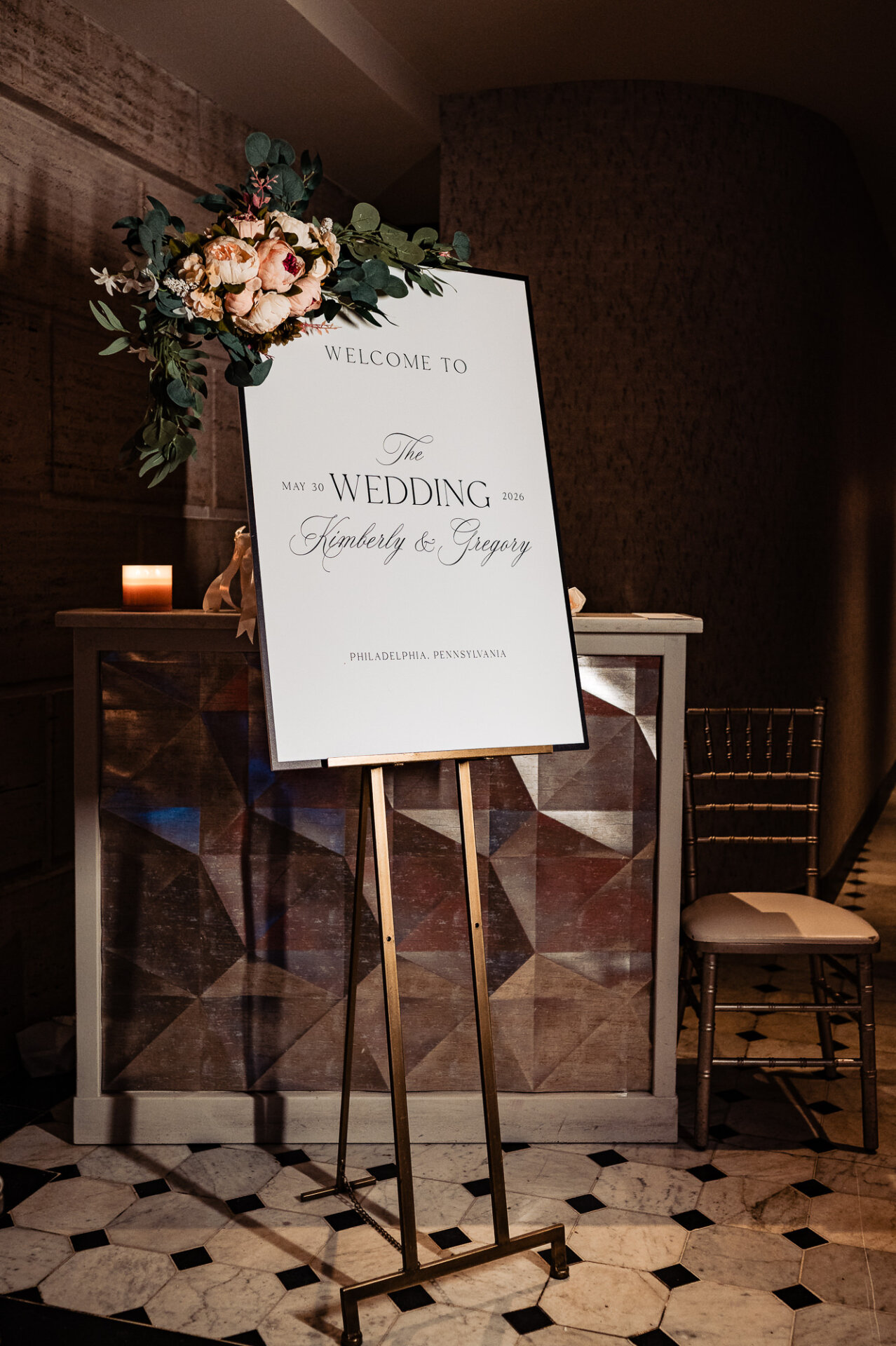 Custom wedding welcome sign greeting guests at Kim and Greg’s Union Trust celebration