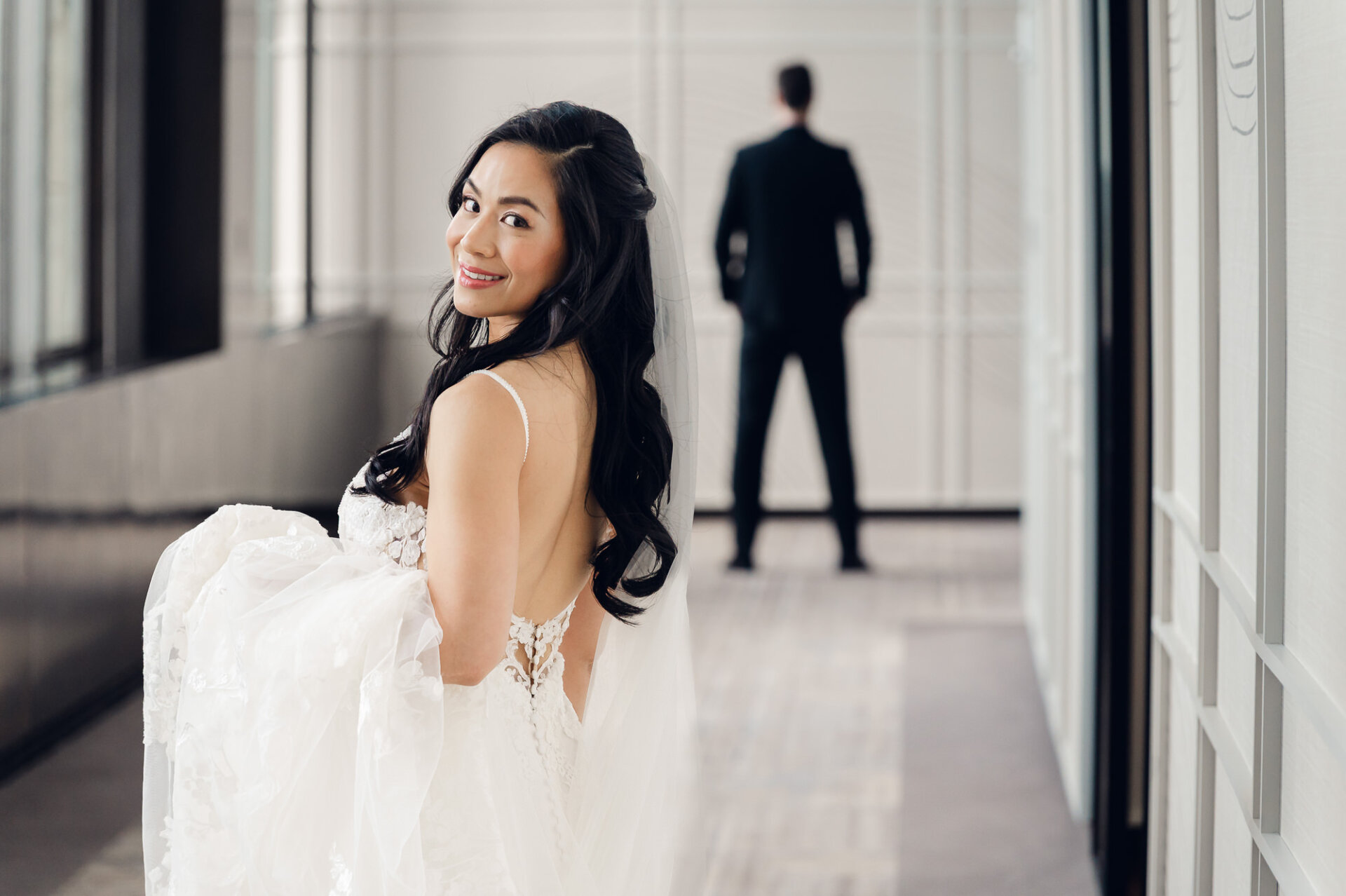 Classic bridal portrait in the Union Trust hallway moments before the first look with the groom