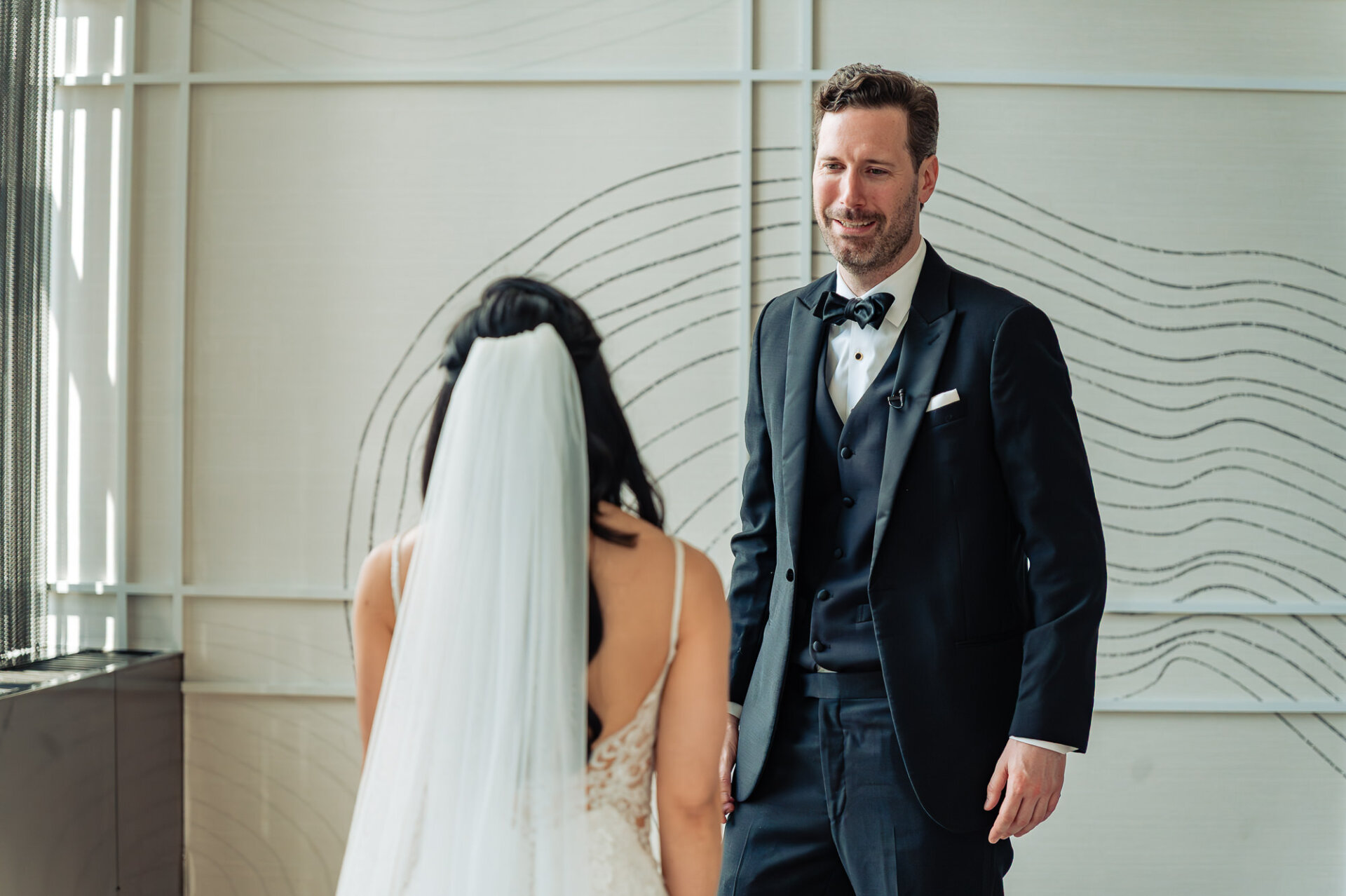 Emotional first look reaction between Kim and Greg before their Union Trust wedding ceremony