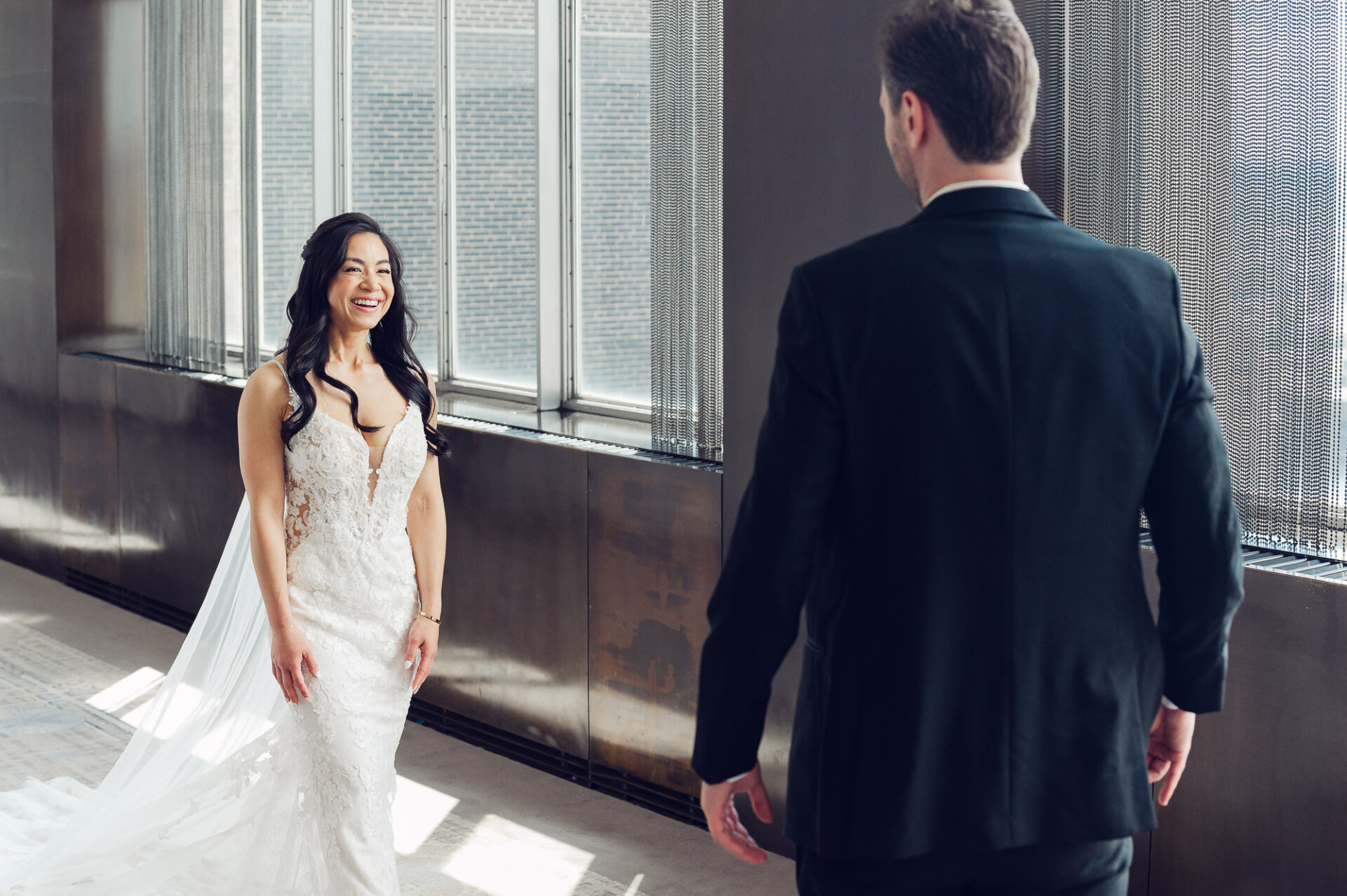 Emotional first look reaction between Kim and Greg before their Union Trust wedding ceremony