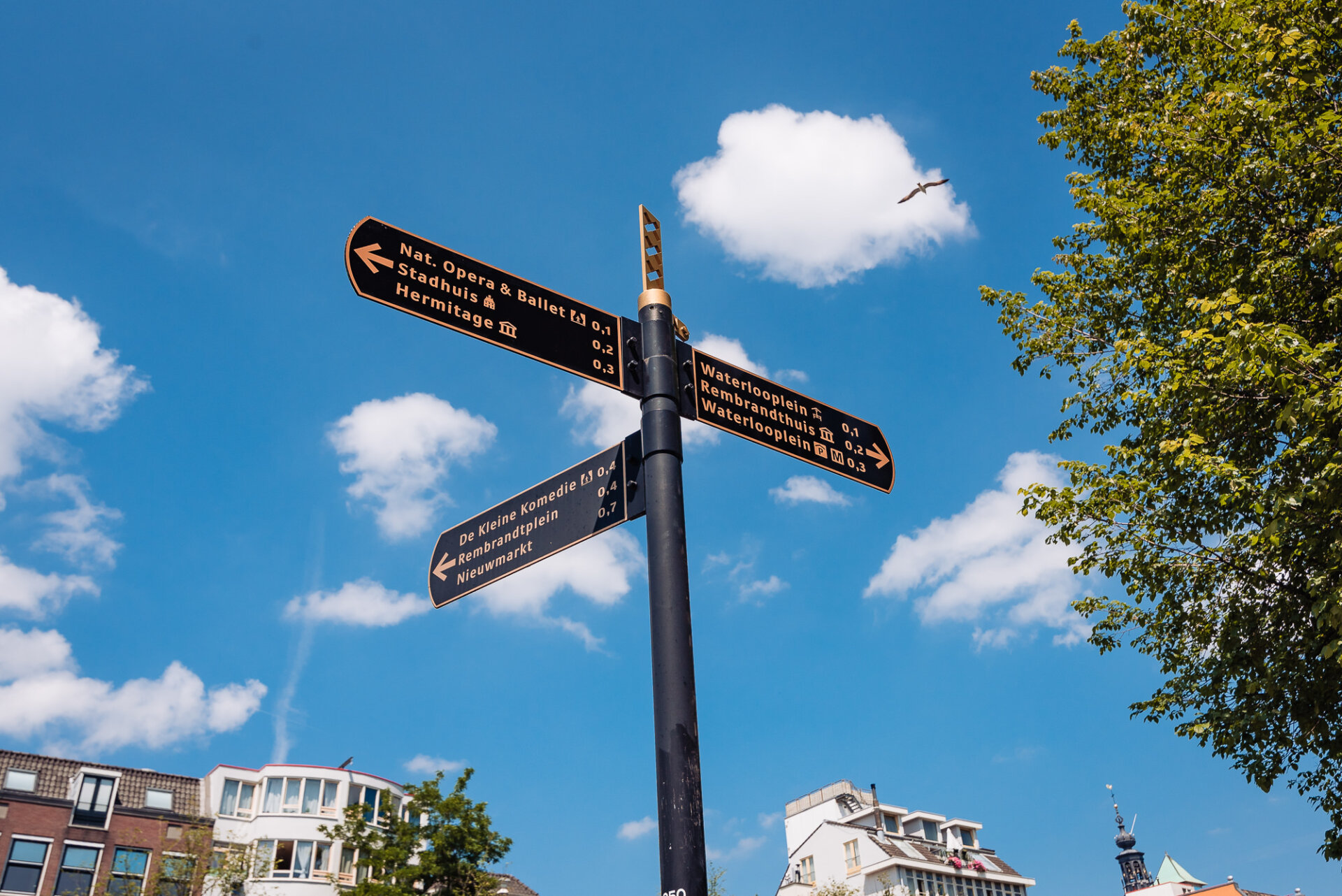 Amsterdam directional signs pointing toward Waterlooplein, Rembrandtplein, Hermitage and the National Opera & Ballet