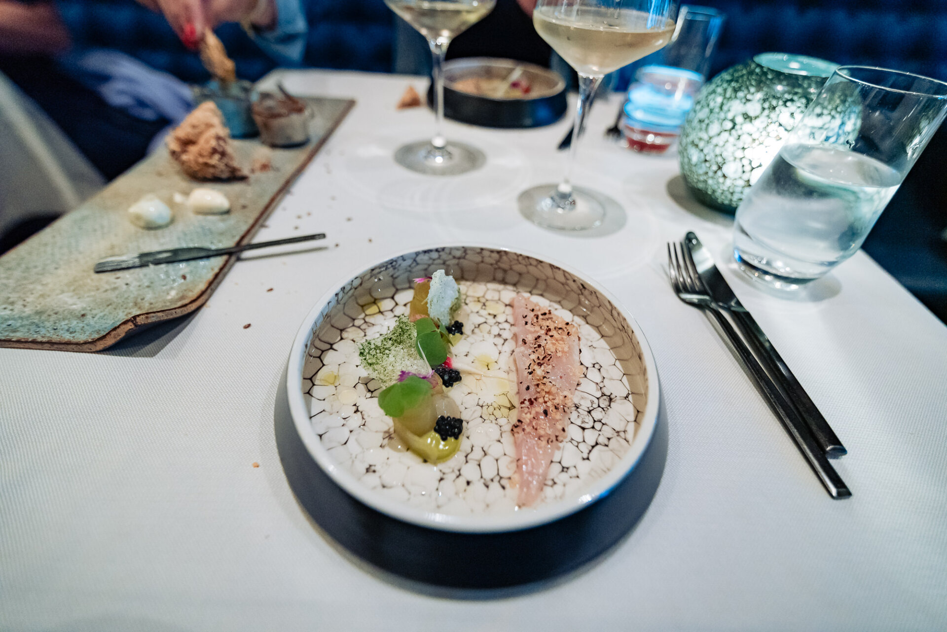 Fine dining course served with wine during an evening meal in Amsterdam