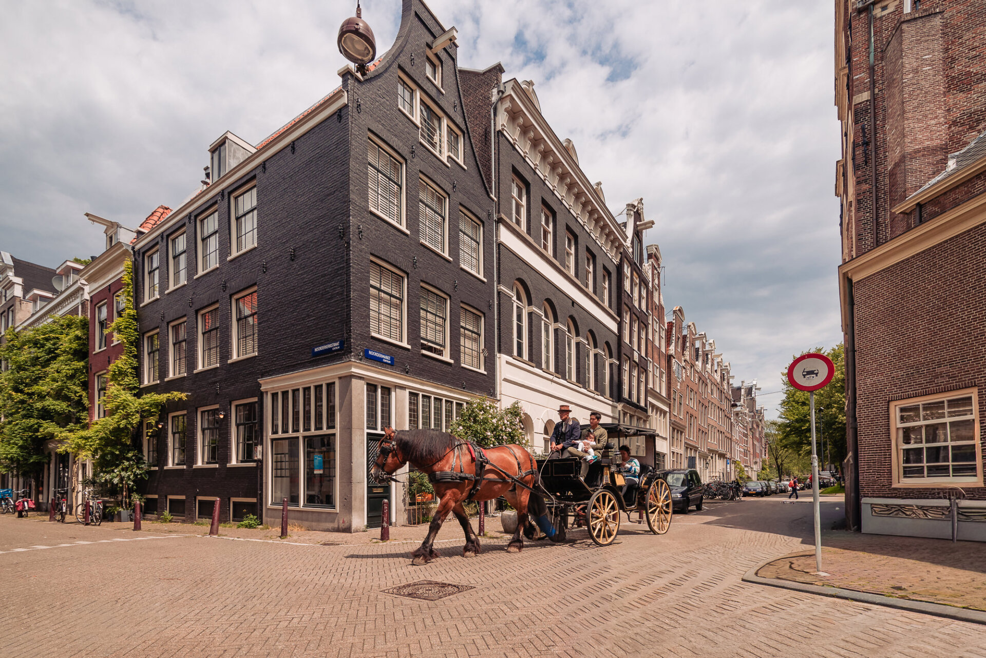 Horse-drawn carriage travelling along a quiet street lined with traditional Amsterdam architecture