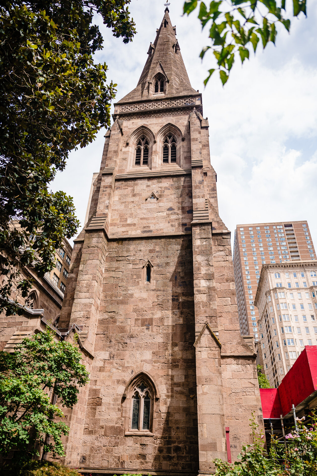 Stone Gothic tower of St. Mark’s Church in Philadelphia before the wedding ceremony.